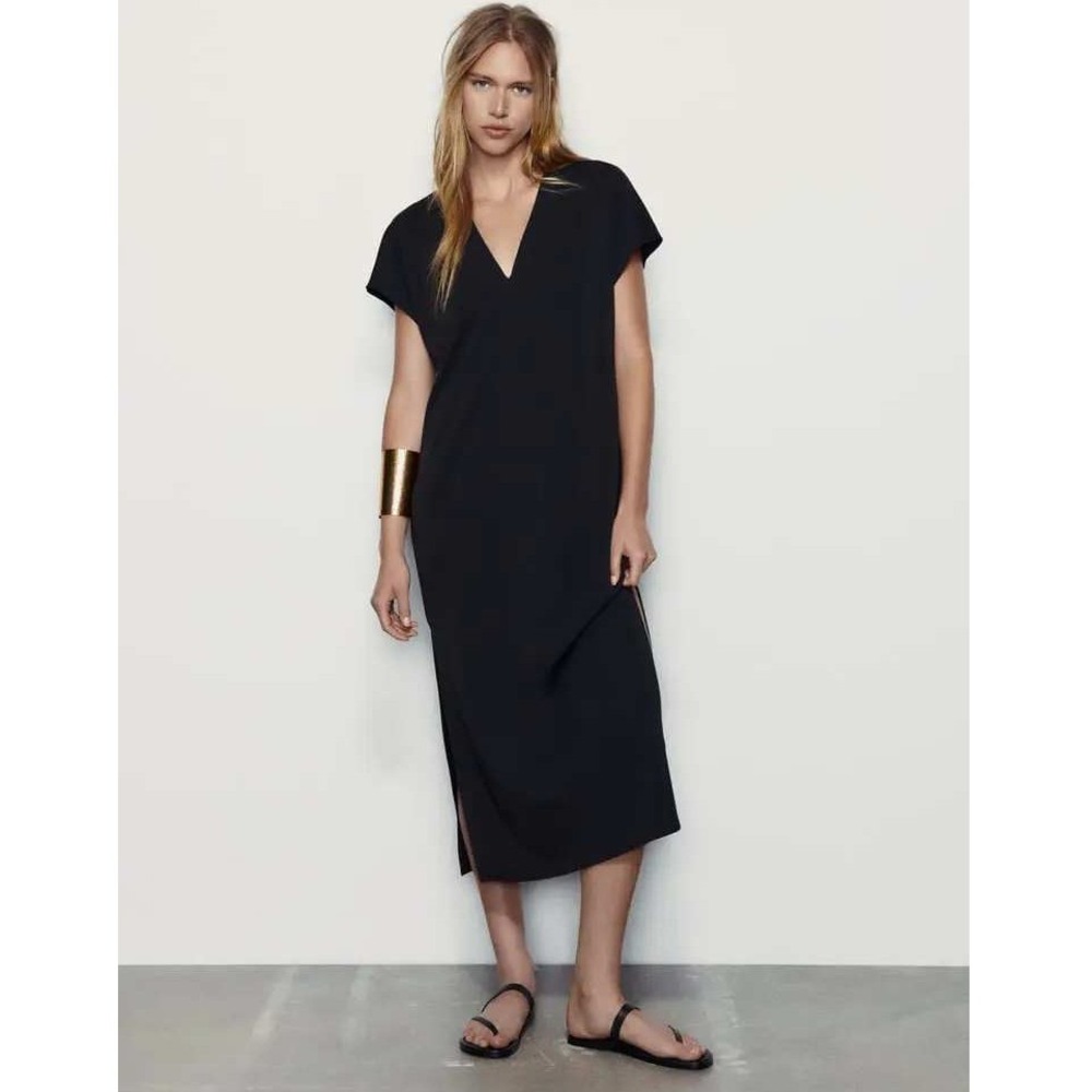 NWOT Zara Tunic Dress Short Sleeve V-Neck Side Slits Minimalist Black Small